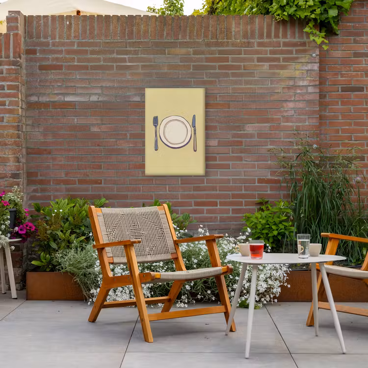 Illustratie - Bord - Bestek - Beige Tuinposter op houten frame 2 cm dik klein -sfeer3