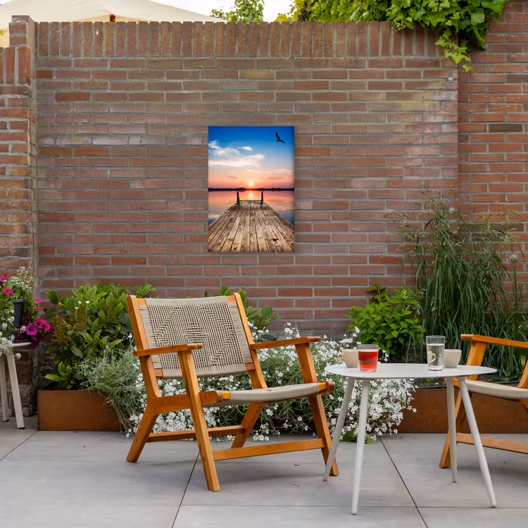 Steiger - Water - Zonsondergang - Roze - Horizon Tuinposter op houten frame 2 cm dik klein -sfeer3