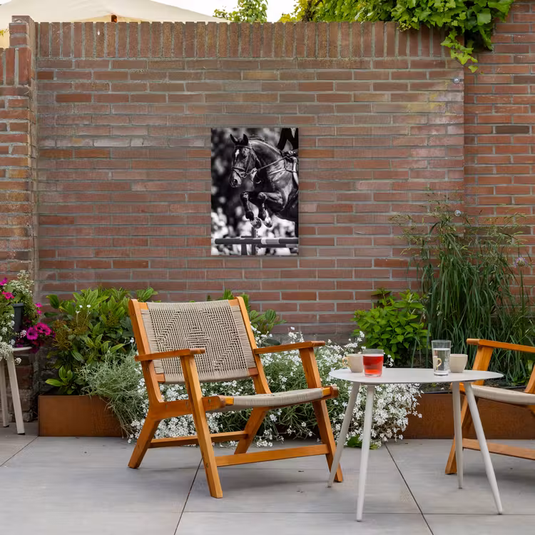 Springen - Paard - Zwart - Wit Tuinposter op houten frame 2 cm dik klein -sfeer3