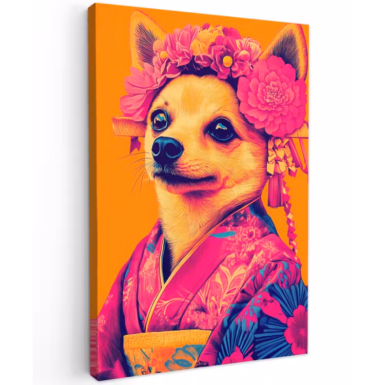 Kimono - Hondje - Bloemenkroon - Oranje Tuinposter op houten frame 2 cm dik klein -3d
