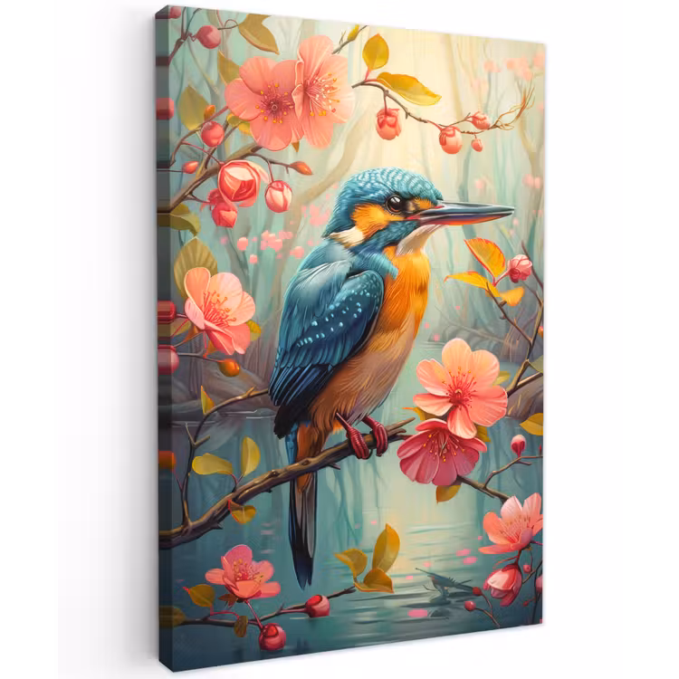 IJsvogel - Bloesem - Natuur - Vogels - Bloemen Tuinposter op houten frame 2 cm dik klein -3d