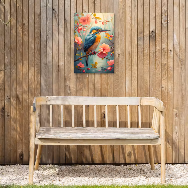 IJsvogel - Bloesem - Natuur - Vogels - Bloemen Tuinposter op houten frame 2 cm dik klein -sfeer4