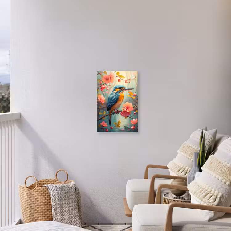 IJsvogel - Bloesem - Natuur - Vogels - Bloemen Tuinposter op houten frame 2 cm dik klein -sfeer1