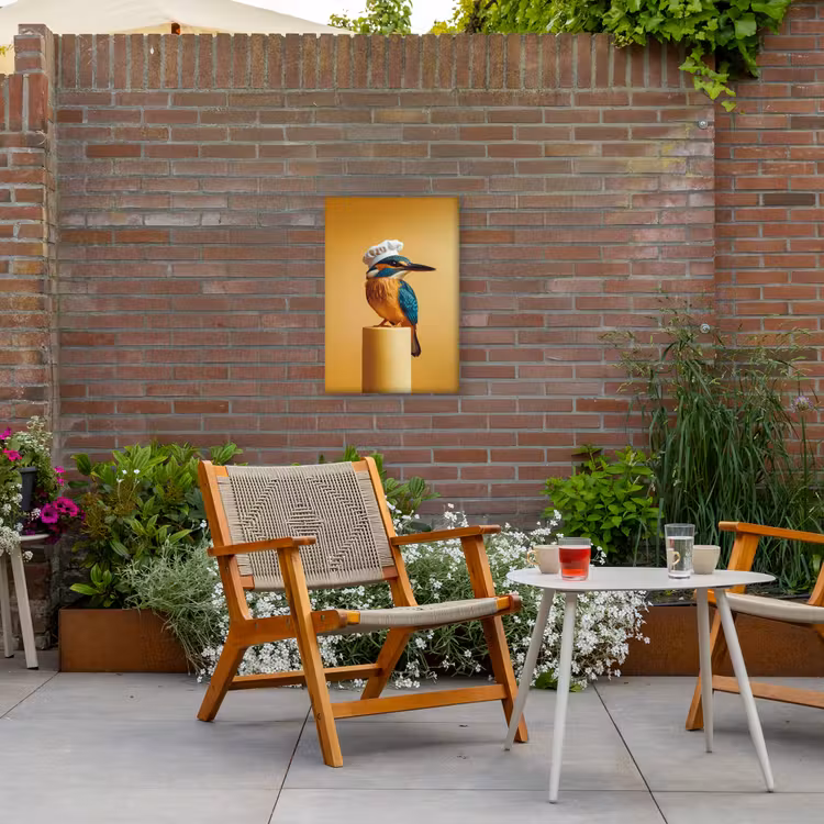 Ijsvogel - Pilaar - Koksmuts - Vogel Tuinposter op houten frame 2 cm dik klein -sfeer3