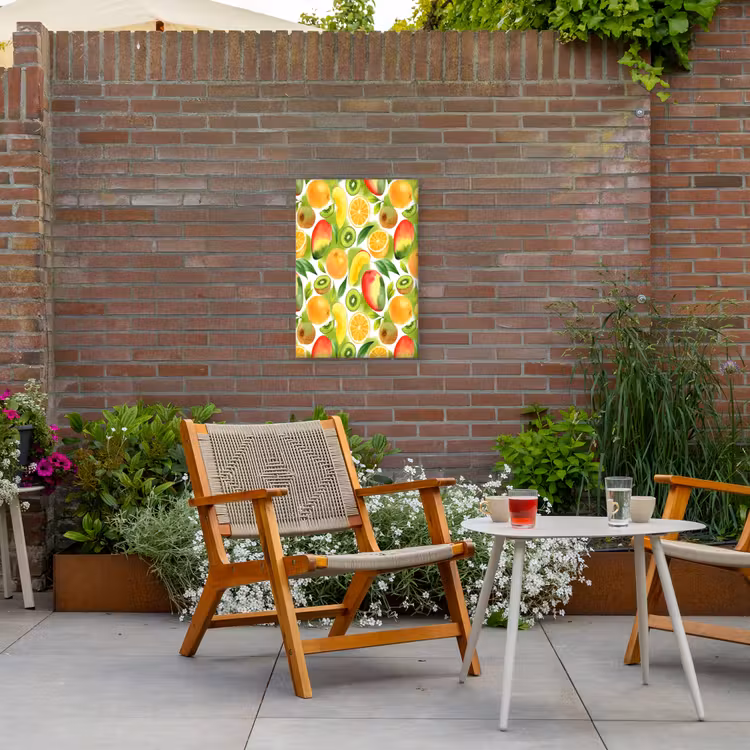 Kiwi - Sinasappel - Mango - Perzik Tuinposter op houten frame 2 cm dik klein 841 -sfeer3