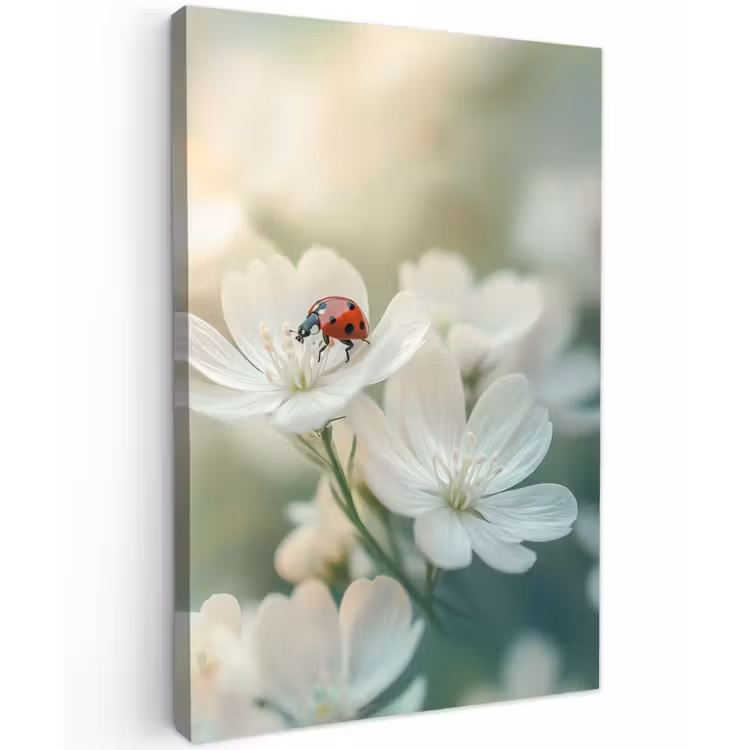 Lieveheersbeestje - Bloemen - Wit Tuinposter op houten frame 2 cm dik klein -3d