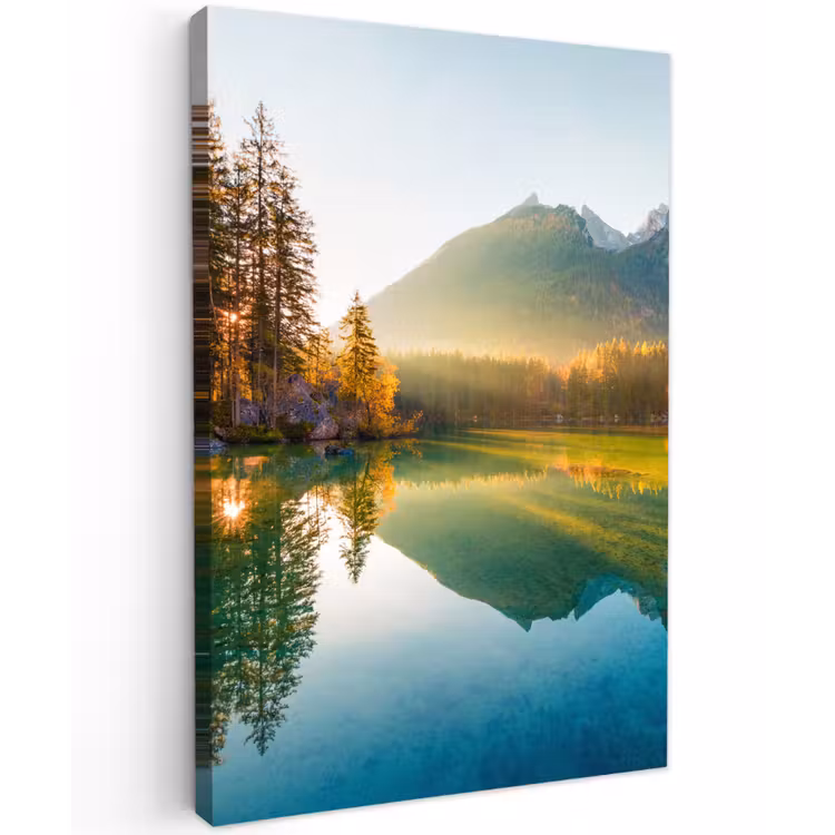 Meer - Bos - Bergen - Natuur - Zon - Landschap Tuinposter op houten frame 2 cm dik klein -3d