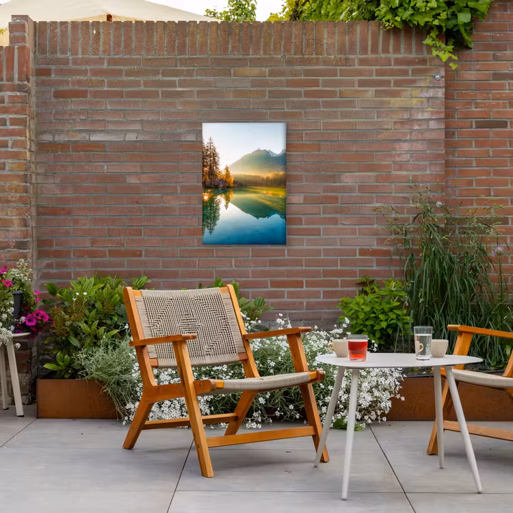 Meer - Bos - Bergen - Natuur - Zon - Landschap Tuinposter op houten frame 2 cm dik klein -sfeer3