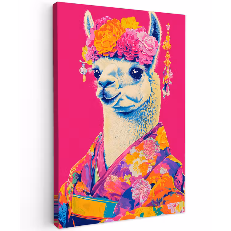 Lama - Kimono - Bloemenkrans - Felroze Tuinposter op houten frame 2 cm dik klein -3d