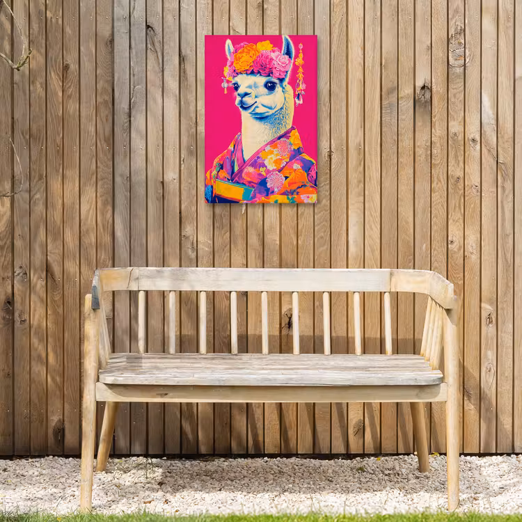 Lama - Kimono - Bloemenkrans - Felroze Tuinposter op houten frame 2 cm dik klein -sfeer4