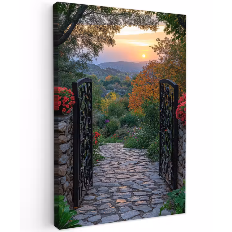 Landschap - Hek - Pad - Zonsondergang - Natuur Tuinposter op houten frame 2 cm dik klein -3d