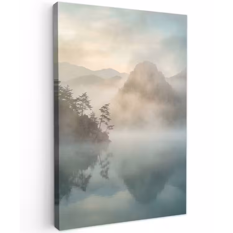 Landschap - Bergen - Mist - Water - Natuur Tuinposter op houten frame 2 cm dik klein -3d