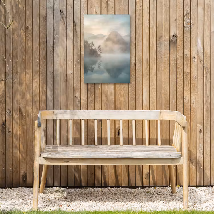 Landschap - Bergen - Mist - Water - Natuur Tuinposter op houten frame 2 cm dik klein -sfeer4