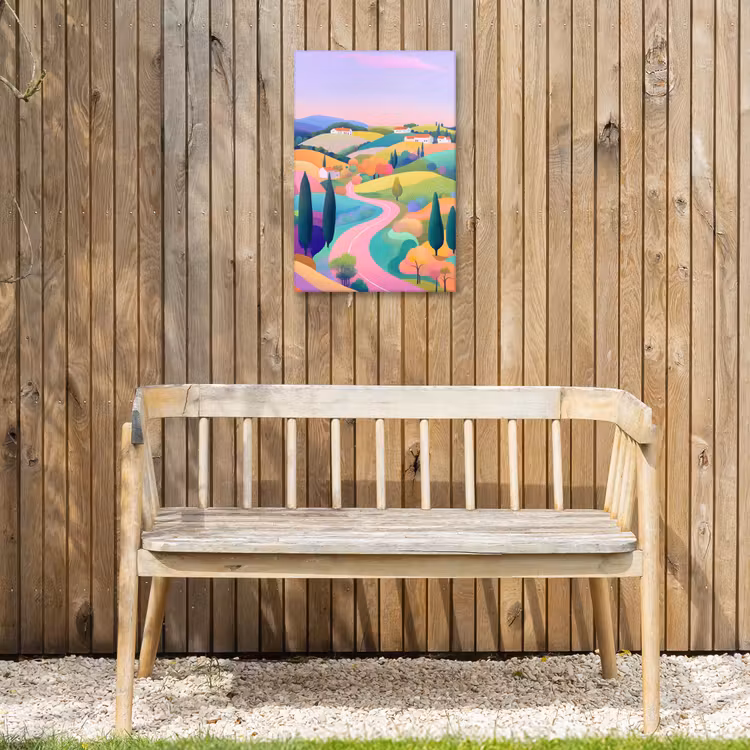 Landschap - Paars - Pastel - Huizen Tuinposter op houten frame 2 cm dik klein -sfeer4