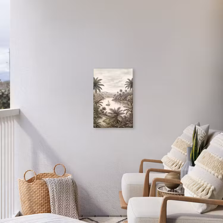 Landschap - Rivier - Boot - Tropisch - Vintage Tuinposter op houten frame 2 cm dik klein -sfeer1