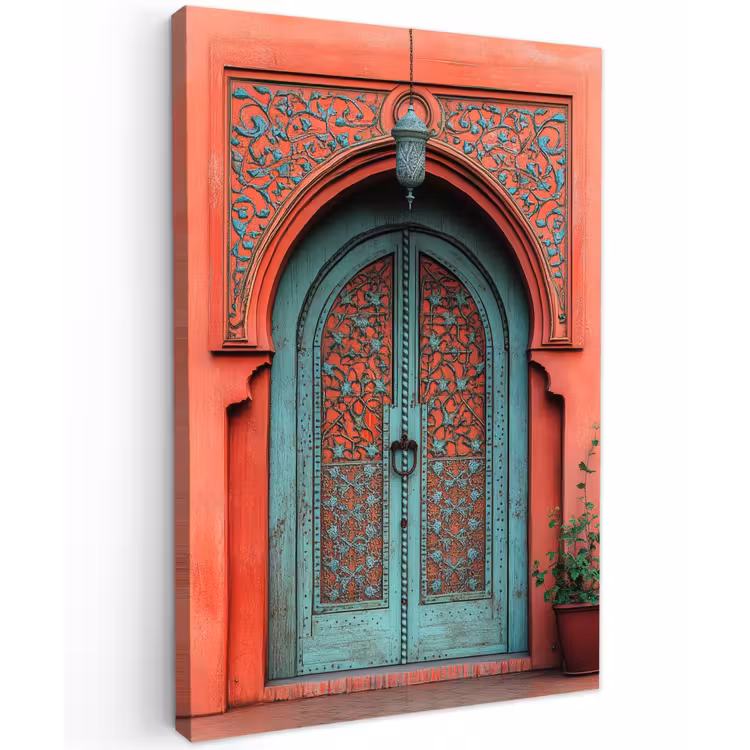 Lantaarn - Deur - Turquoise Tuinposter op houten frame 2 cm dik klein -3d