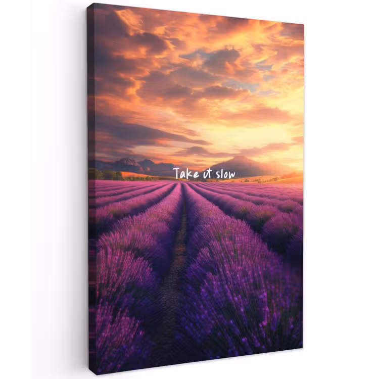 Lavendelveld - Quote - Zonsondergang Tuinposter op houten frame 2 cm dik klein -3d