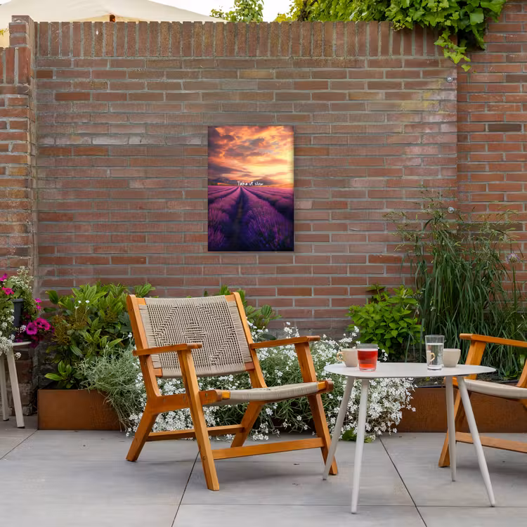 Lavendelveld - Quote - Zonsondergang Tuinposter op houten frame 2 cm dik klein -sfeer3