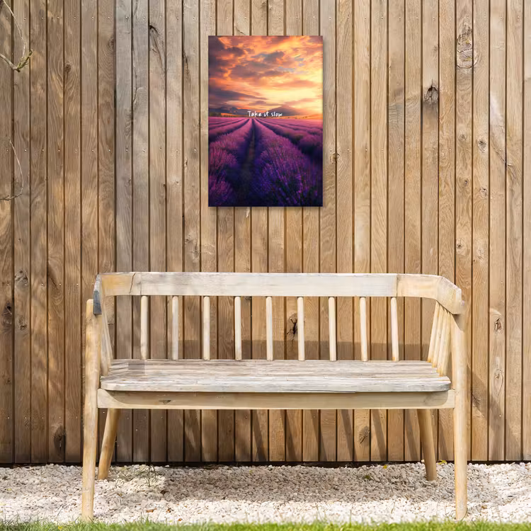 Lavendelveld - Quote - Zonsondergang Tuinposter op houten frame 2 cm dik klein -sfeer4
