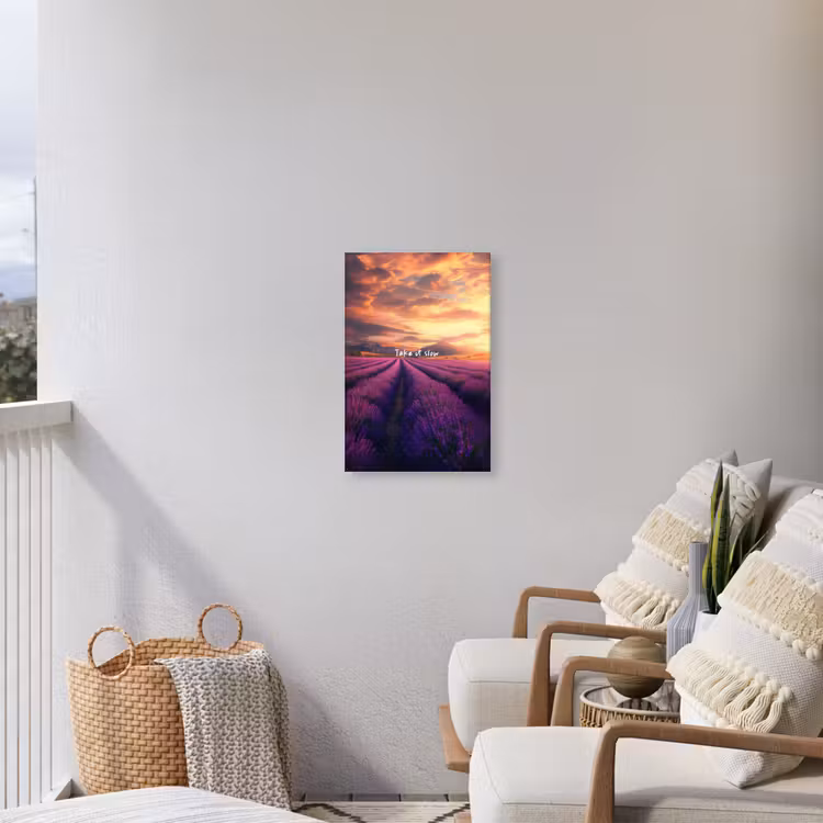 Lavendelveld - Quote - Zonsondergang Tuinposter op houten frame 2 cm dik klein -sfeer1