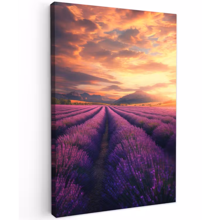 Lavendelveld - Zonsondergang - Paars Tuinposter op houten frame 2 cm dik klein -3d