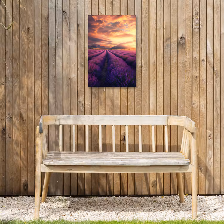 Lavendelveld - Zonsondergang - Paars Tuinposter op houten frame 2 cm dik klein -sfeer4
