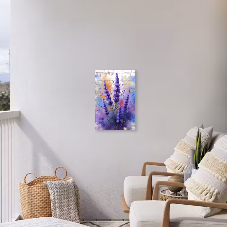 Lavendel op Witte Bakstenen Muur Tuinposter op houten frame 2 cm dik klein -sfeer1