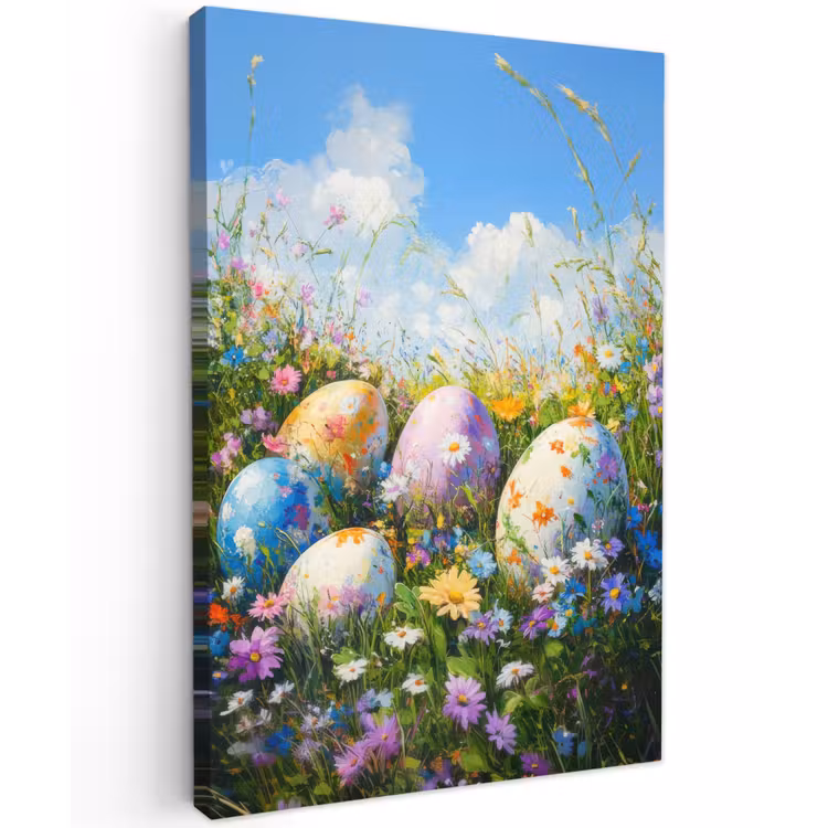 Grasveld - Eieren - Bloemen Tuinposter op houten frame 2 cm dik klein -3d