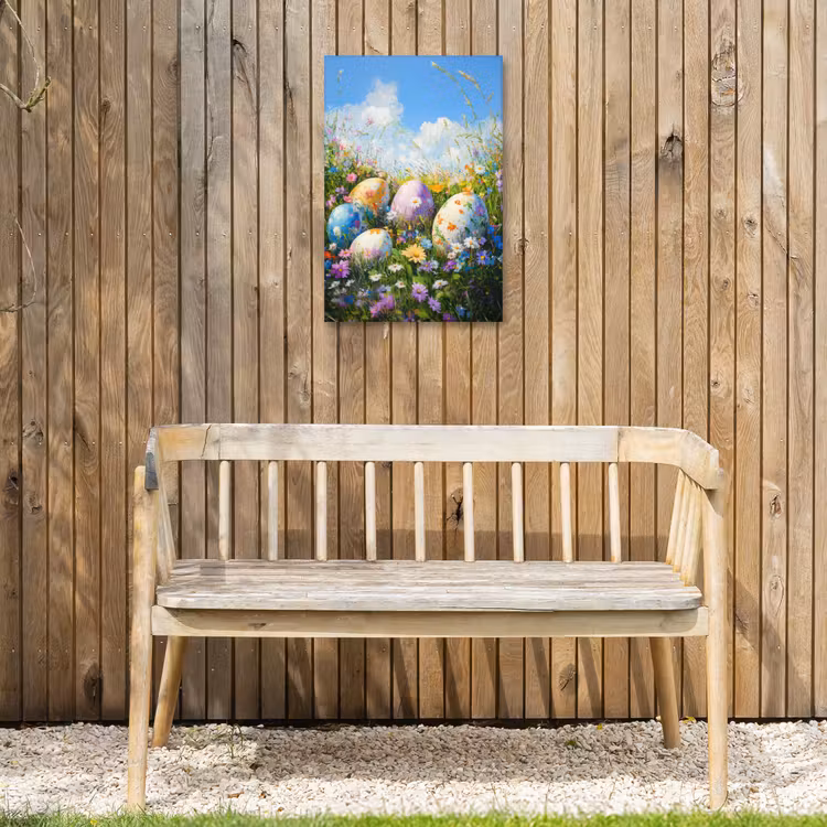 Grasveld - Eieren - Bloemen Tuinposter op houten frame 2 cm dik klein -sfeer4