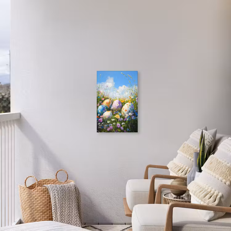 Grasveld - Eieren - Bloemen Tuinposter op houten frame 2 cm dik klein -sfeer1