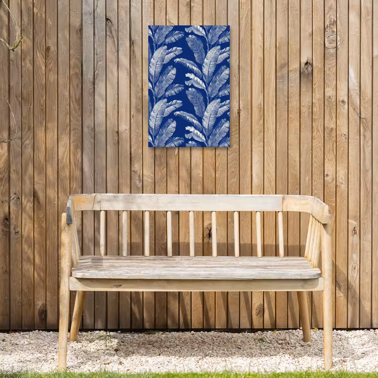 Blad - Palm - Blauw Tuinposter op houten frame 2 cm dik klein 841 -sfeer4