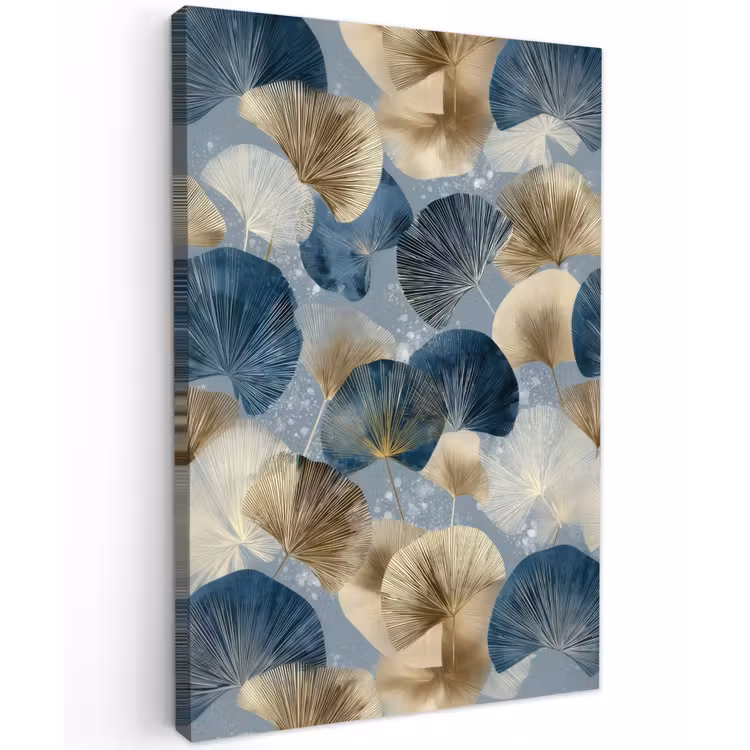 Bladeren - Abstract - Goud - Blauw Tuinposter op houten frame 2 cm dik klein -3d