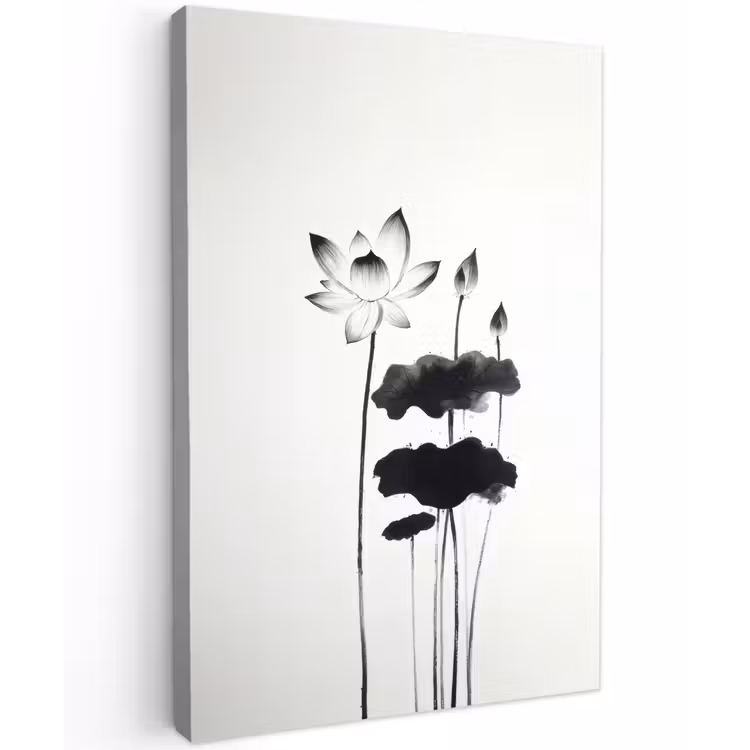 Bladeren - Zwart - Lotusbloem - Minimalitisch Tuinposter op houten frame 2 cm dik klein -3d