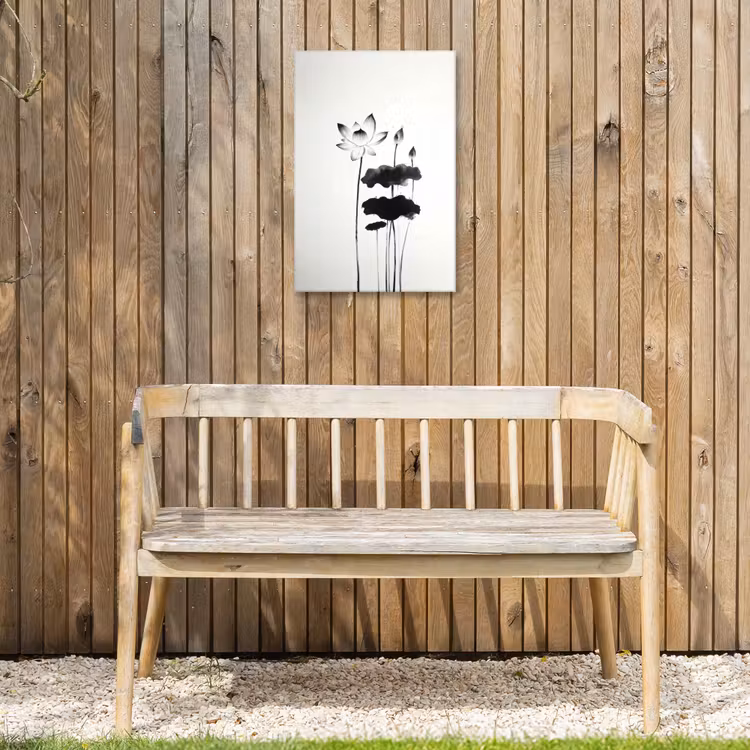 Bladeren - Zwart - Lotusbloem - Minimalitisch Tuinposter op houten frame 2 cm dik klein -sfeer4