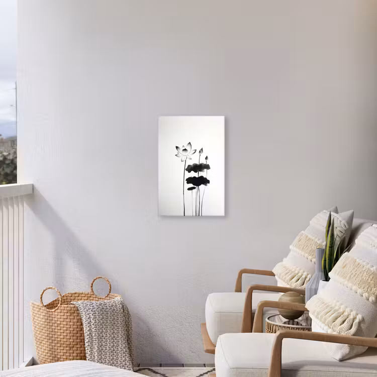Bladeren - Zwart - Lotusbloem - Minimalitisch Tuinposter op houten frame 2 cm dik klein -sfeer1