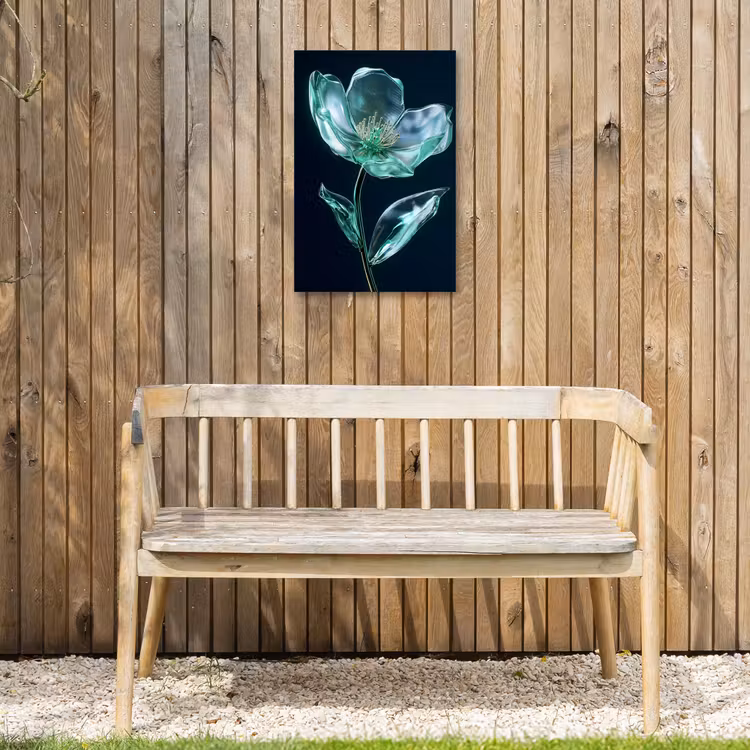 Bladeren - Bloem - Glazen - Donkerblauw Tuinposter op houten frame 2 cm dik klein -sfeer4