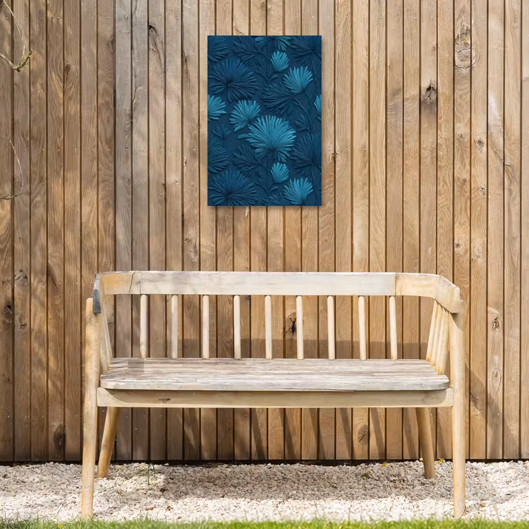 Bladeren - Reliëf - Patroon - Oceaanblauw - Modern Tuinposter op houten frame 2 cm dik klein 841 -sfeer4