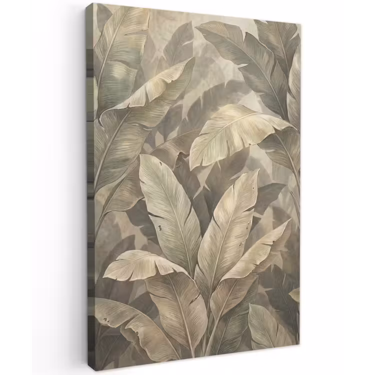 Bladeren - Tropisch - Natuur - Modern - Beige Tuinposter op houten frame 2 cm dik klein -3d
