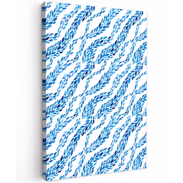 Bladeren - Aquarel - Patroon - Modern - Blauw Tuinposter op houten frame 2 cm dik klein -3d