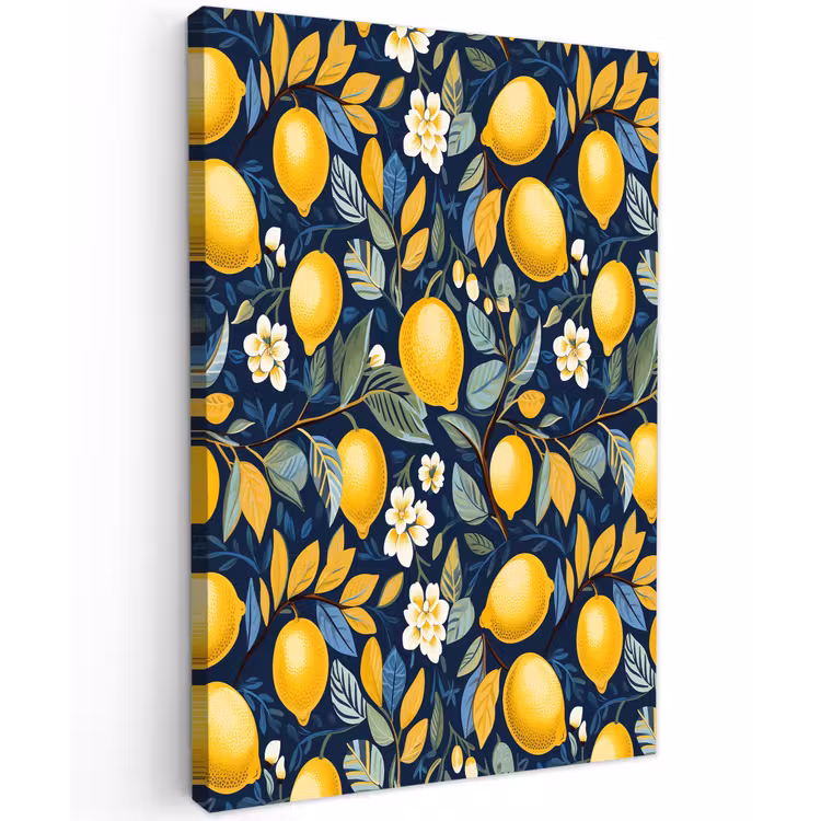 Citroenen - Bloemen - Bladeren - Blauw Tuinposter op houten frame 2 cm dik klein 841 -3d