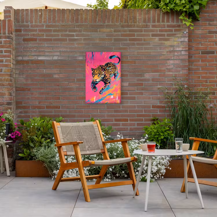 Luipaard - Roze - Oranje - Blauw - Verf Tuinposter op houten frame 2 cm dik klein -sfeer3