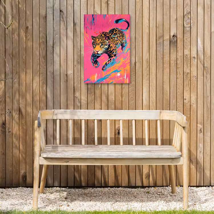 Luipaard - Roze - Oranje - Blauw - Verf Tuinposter op houten frame 2 cm dik klein -sfeer4