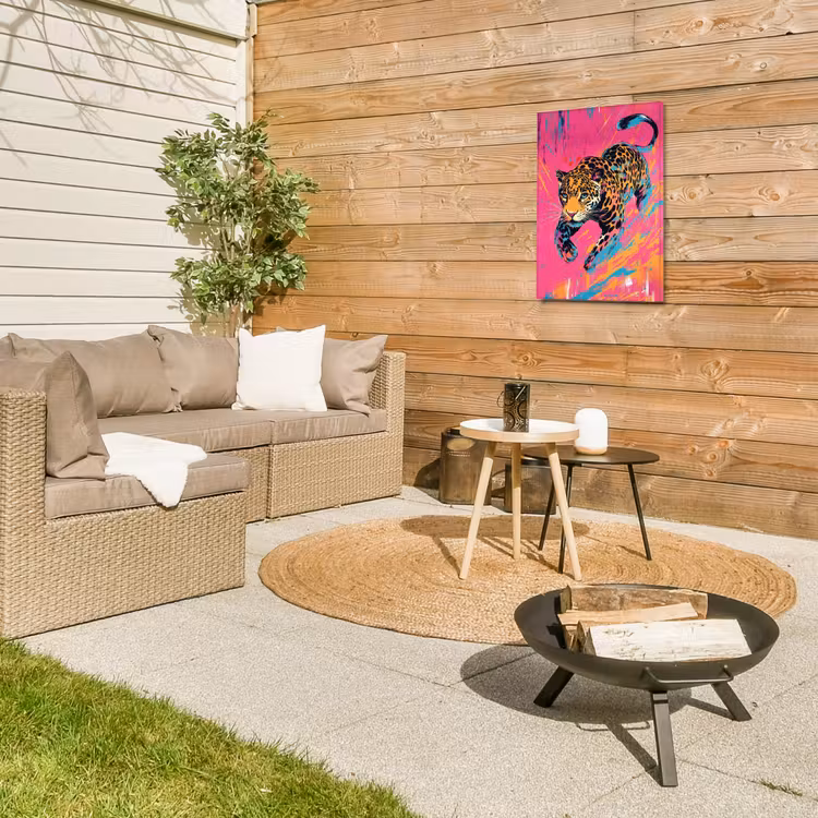 Luipaard - Roze - Oranje - Blauw - Verf Tuinposter op houten frame 2 cm dik klein -sfeer2