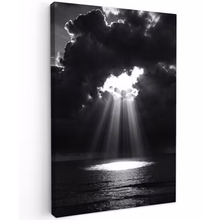 Licht - Wolken - Zee - Zwart-wit - Natuur Tuinposter op houten frame 2 cm dik klein -3d