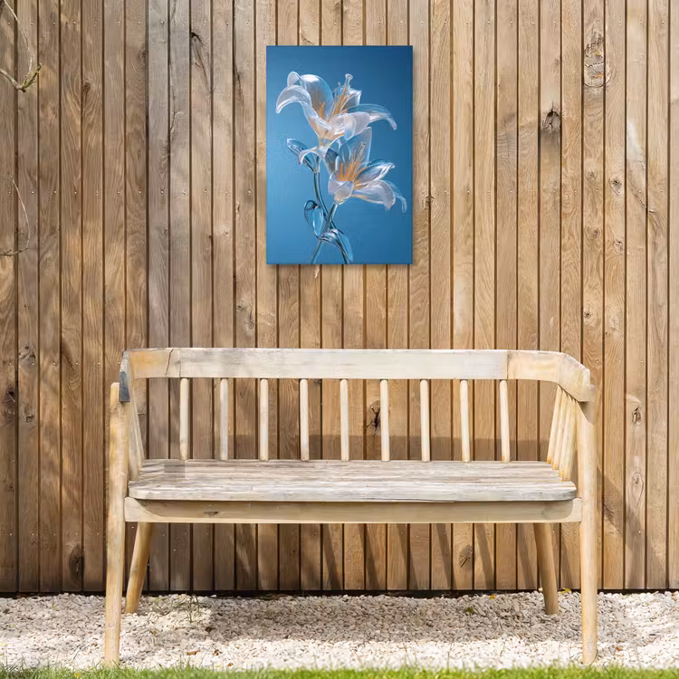 Lelies - Blauw - Glazen Tuinposter op houten frame 2 cm dik klein -sfeer4