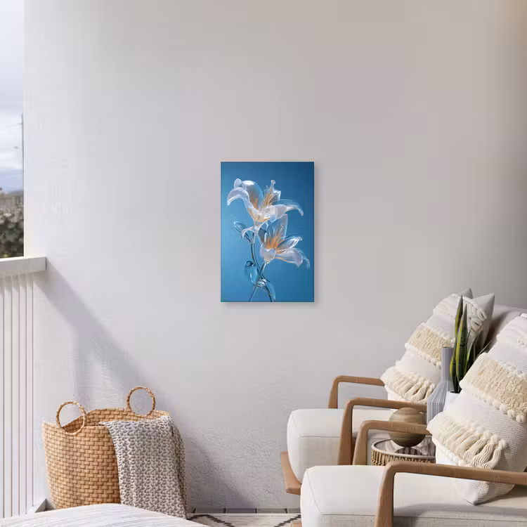 Lelies - Blauw - Glazen Tuinposter op houten frame 2 cm dik klein -sfeer1