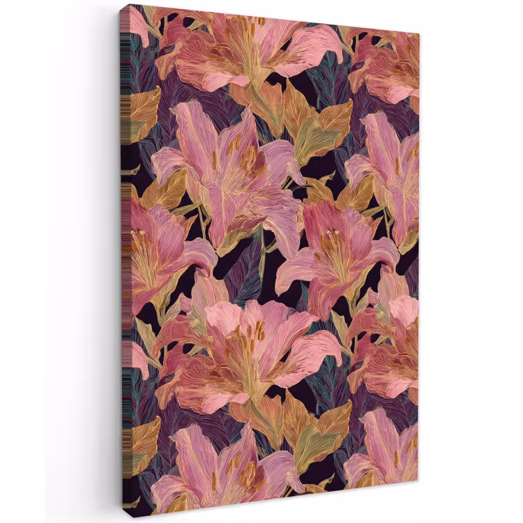 Lelies - Patroon - Roze - Goud Tuinposter op houten frame 2 cm dik klein 841 -3d