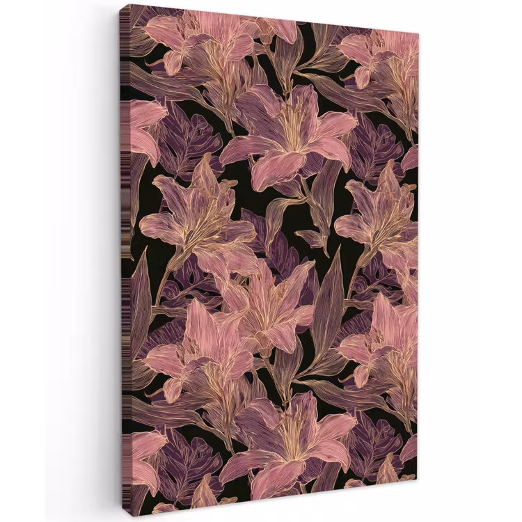 Lelies - Patroon - Paars - Goud Tuinposter op houten frame 2 cm dik klein 841 -3d