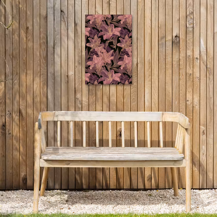 Lelies - Patroon - Paars - Goud Tuinposter op houten frame 2 cm dik klein 841 -sfeer4