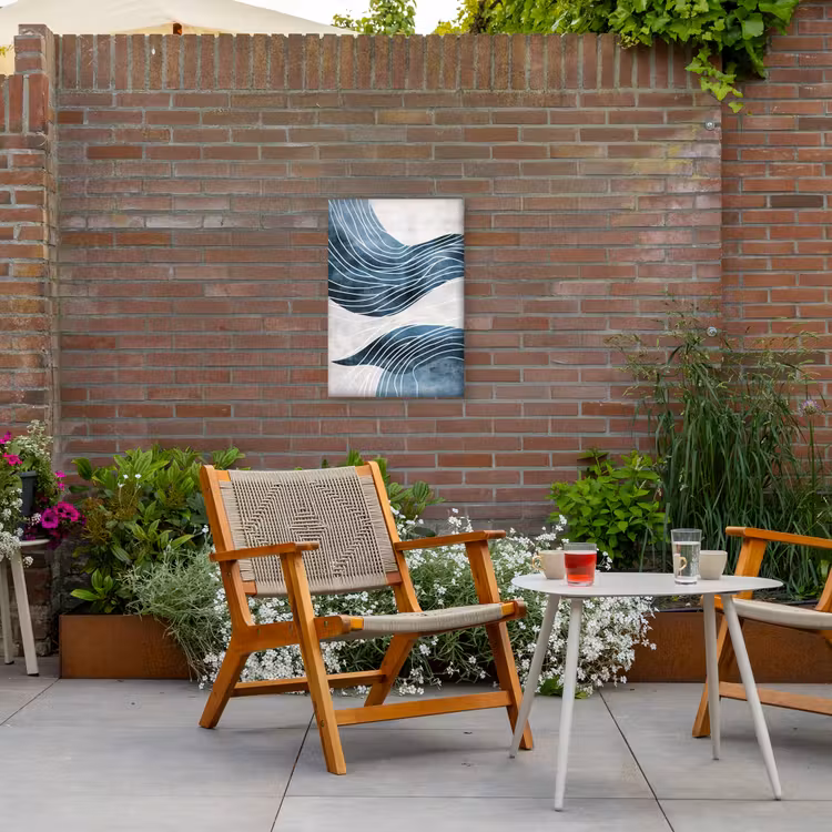 Lijnen - Golven - Abstract - Blauw Tuinposter op houten frame 2 cm dik klein -sfeer3